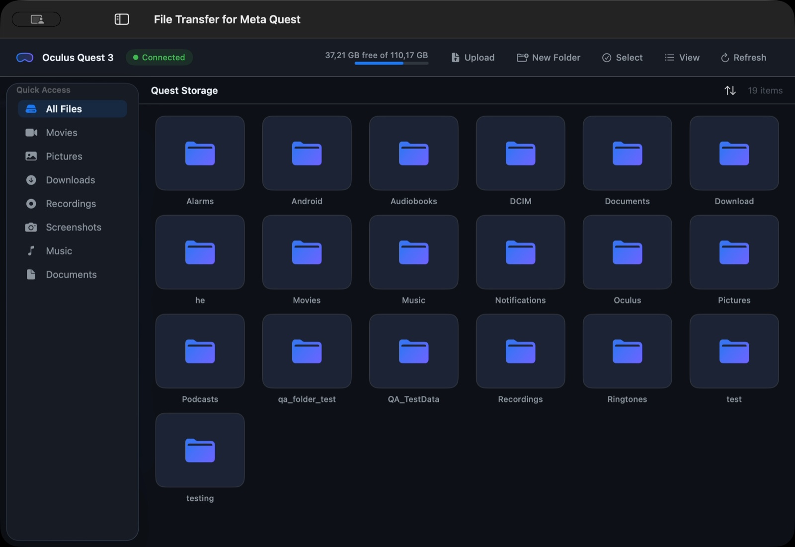 Browsing Meta Quest storage from the Mac app