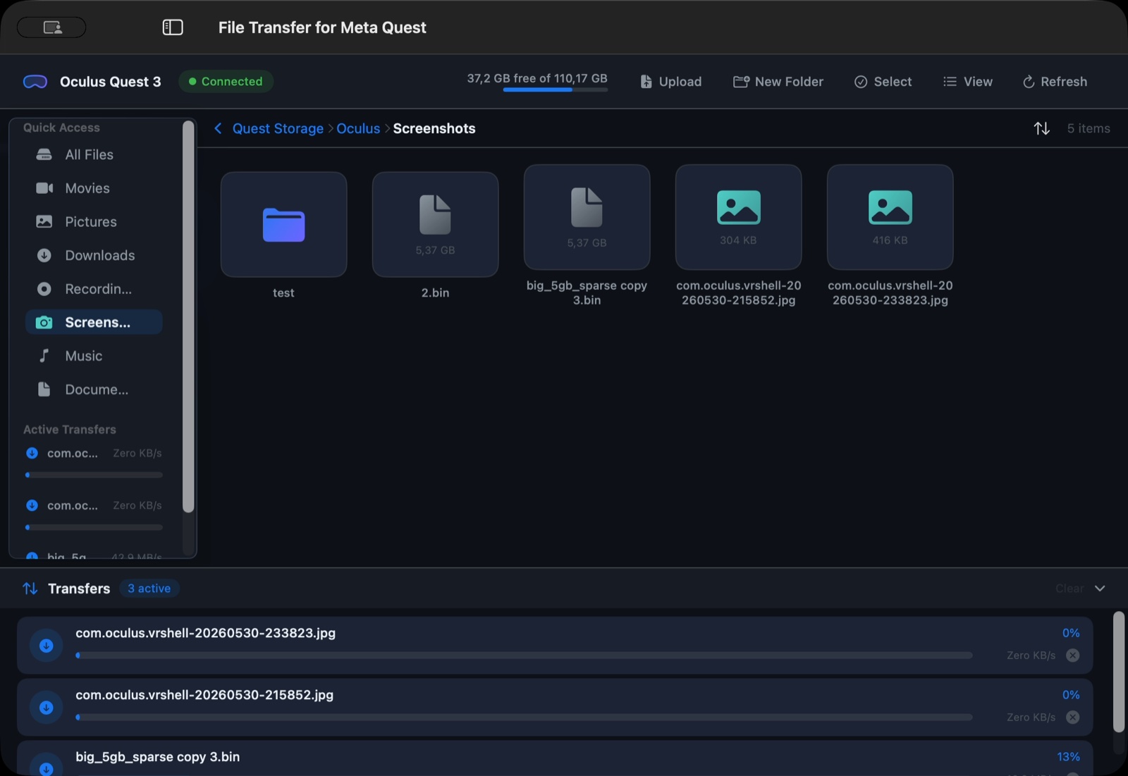 Transferring files between Mac and Meta Quest with live progress